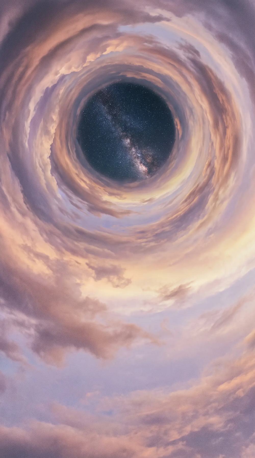Looking up through towering clouds toward a circle of night sky